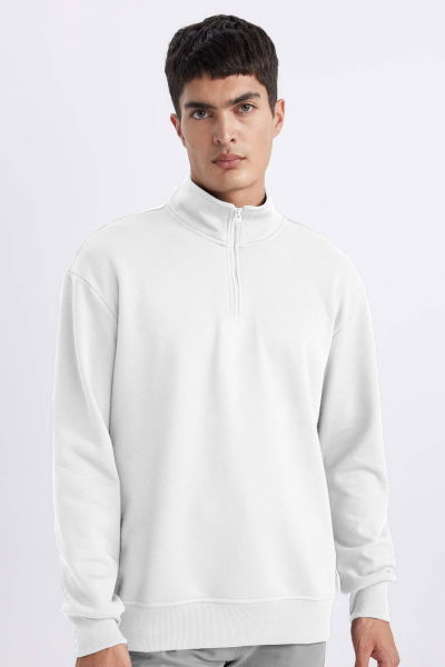 Peak Erkek Beyaz Oversize Fermuarlı Yaka Sweatshirt 7021 