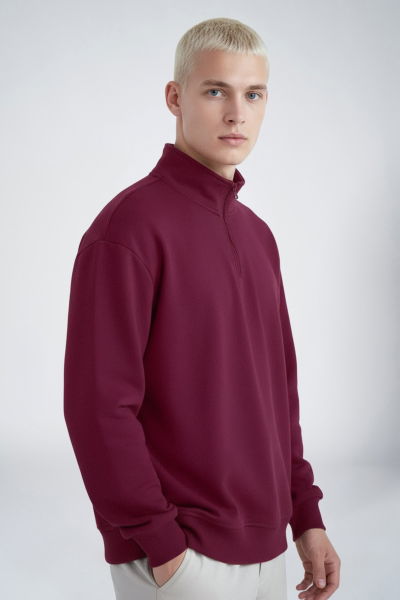 Peak Erkek Bordo Oversize Fermuarlı Yaka Sweatshirt | 7021 