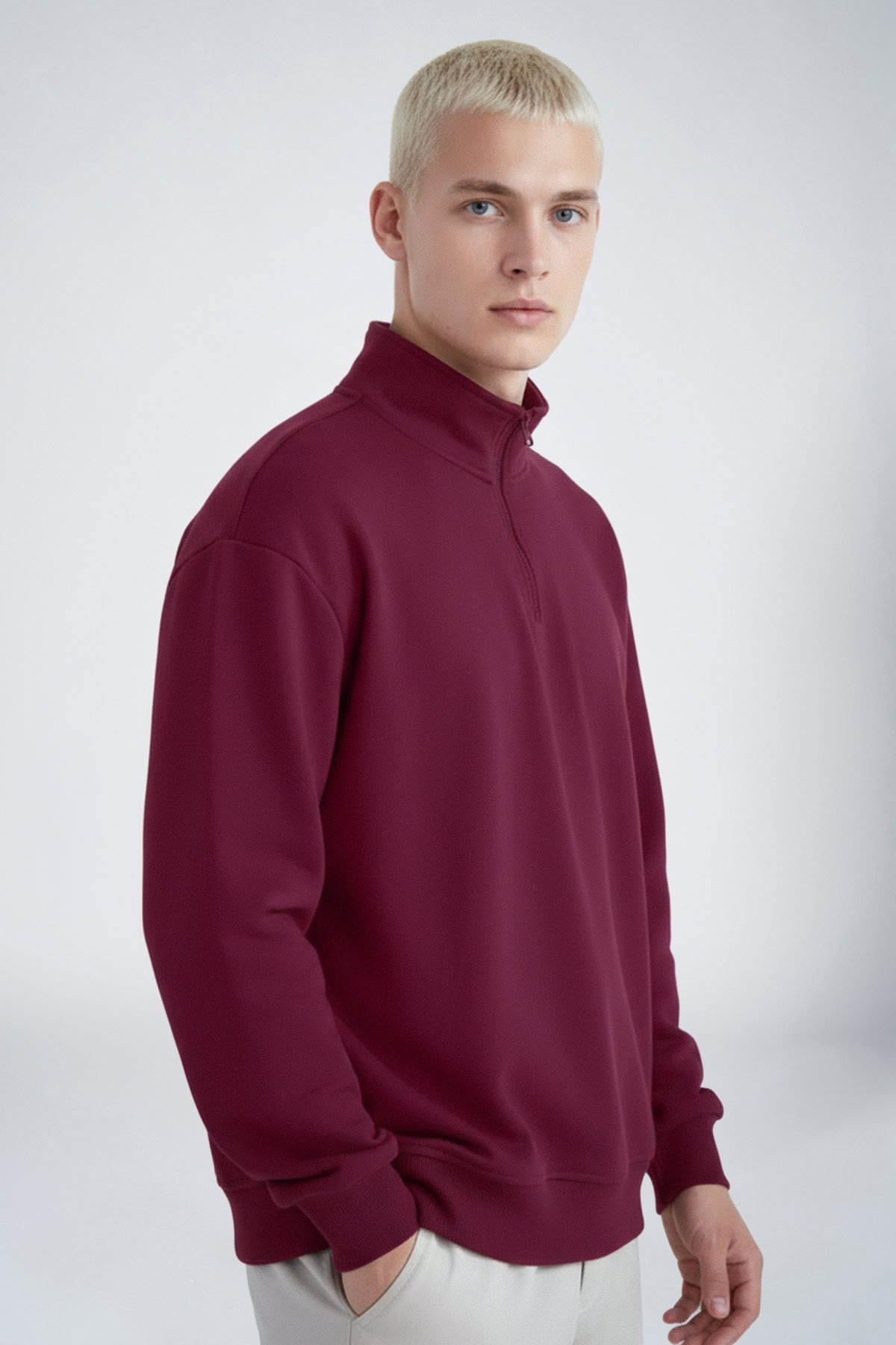 Peak Erkek Bordo Oversize Fermuarlı Yaka Sweatshirt | 7021 - PEAK