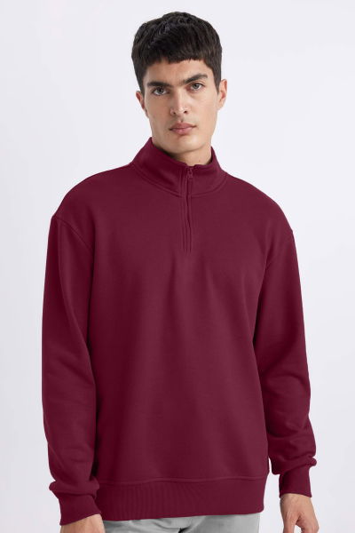 Peak Erkek Bordo Oversize Fermuarlı Yaka Sweatshirt | 7021 