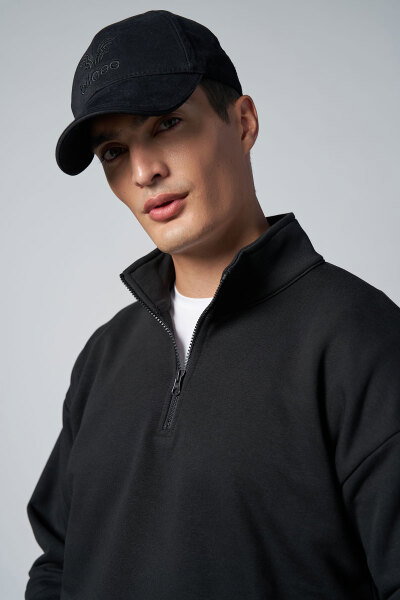 Peak Erkek Siyah Oversize Fermuarlı Yaka Sweatshirt | 7021 