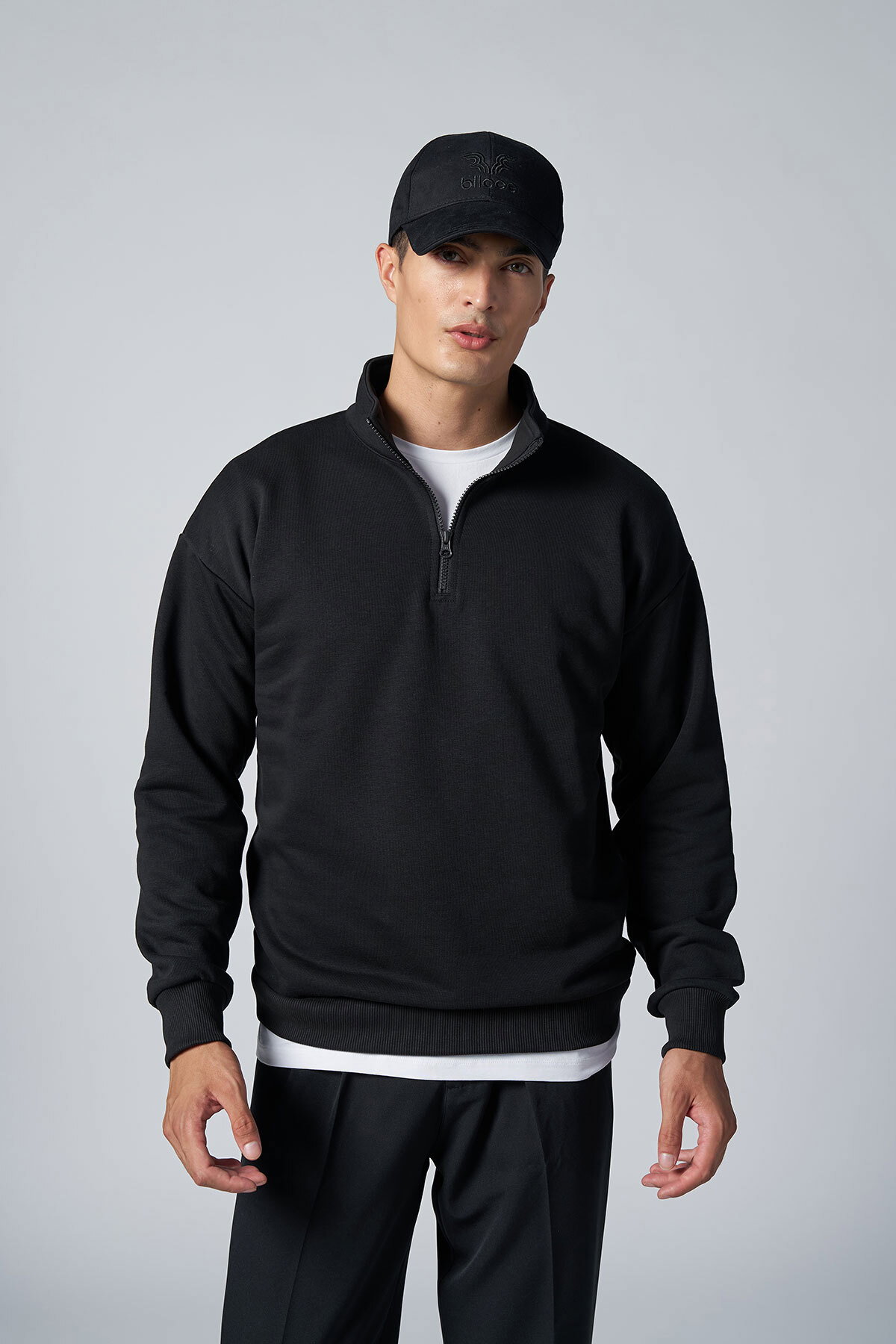 Peak Erkek Siyah Oversize Fermuarlı Yaka Sweatshirt | 7021 - PEAK (1)