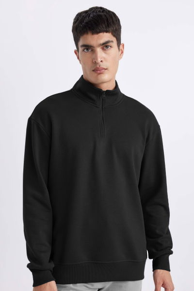 Peak Erkek Siyah Oversize Fermuarlı Yaka Sweatshirt | 7021 