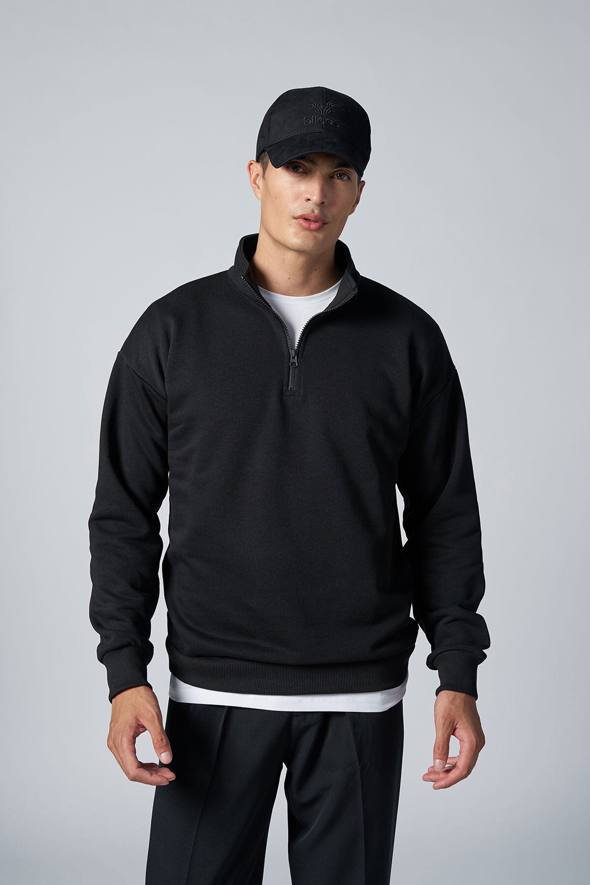 Peak Erkek Siyah Oversize Fermuarlı Yaka Sweatshirt | 7021 - PEAK (1)