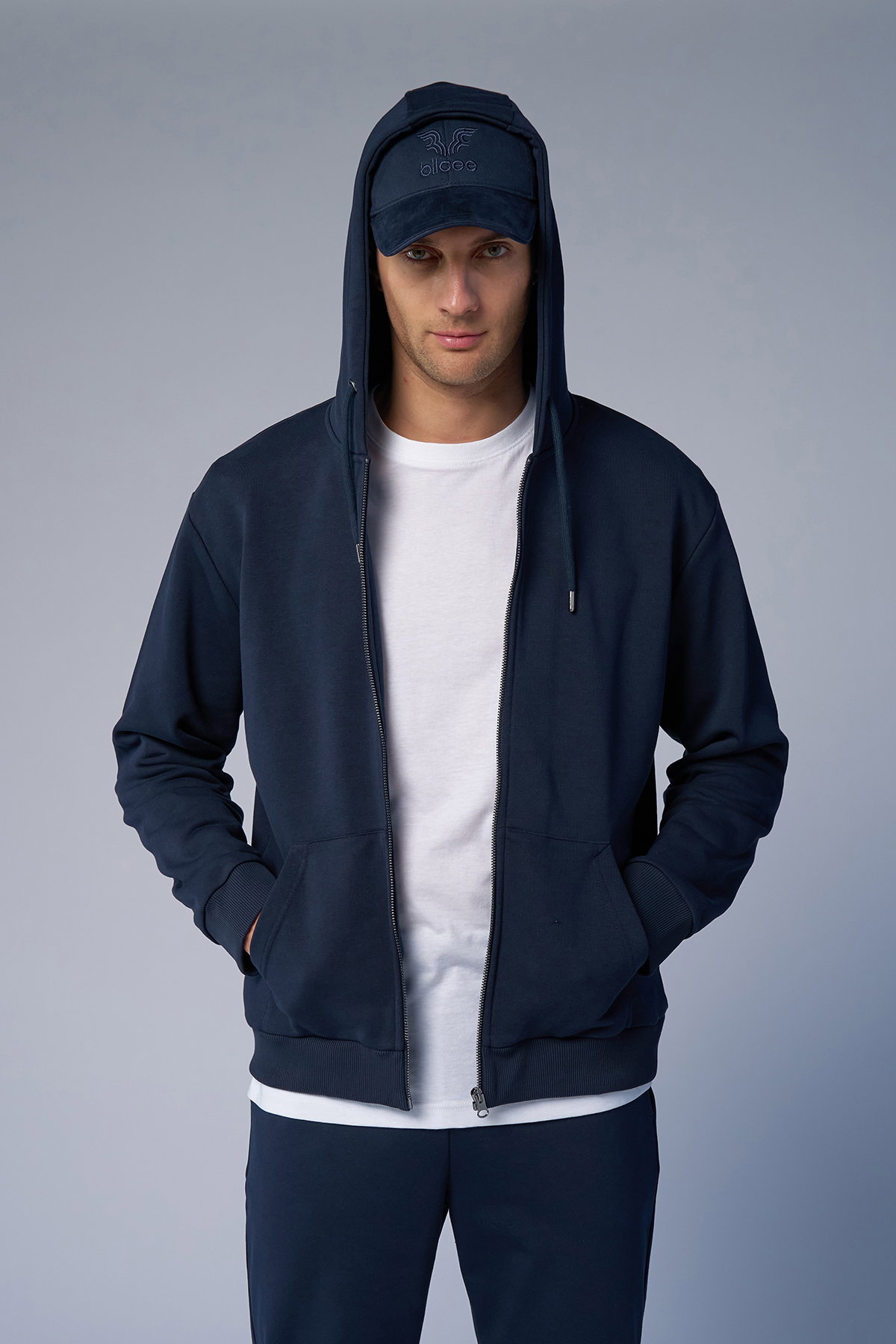 Peak Unisex Lacivert Oversize Fermuarlı Kapüşonlu Eşofman Üstü | 7016 - PEAK