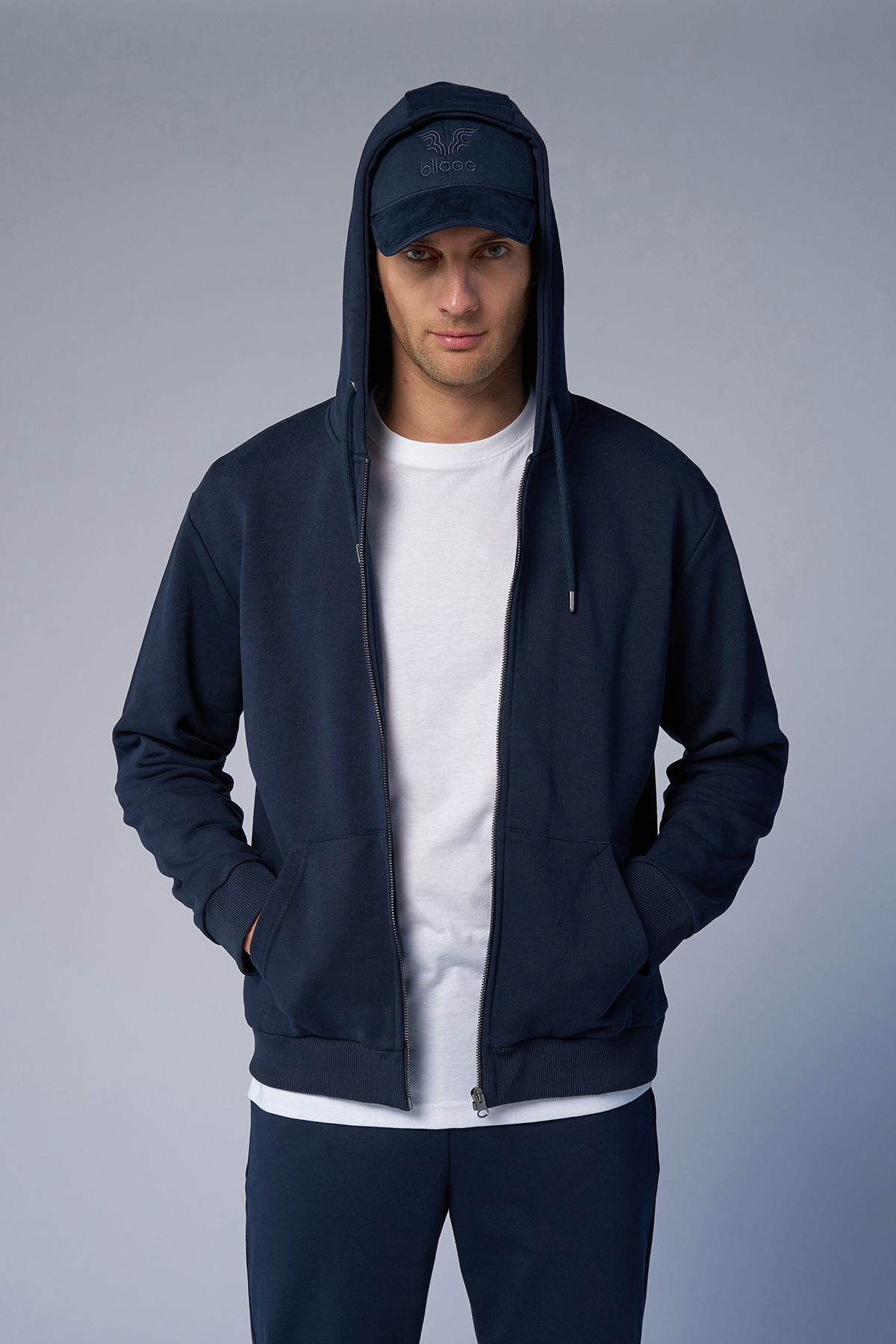 Peak Unisex Lacivert Oversize Fermuarlı Kapüşonlu Eşofman Üstü | 7016 - PEAK