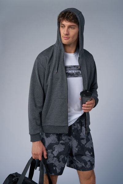 Peak Unisex Antrasit Oversize Fermuarlı Kapüşonlu Eşofman Üstü | 7016 