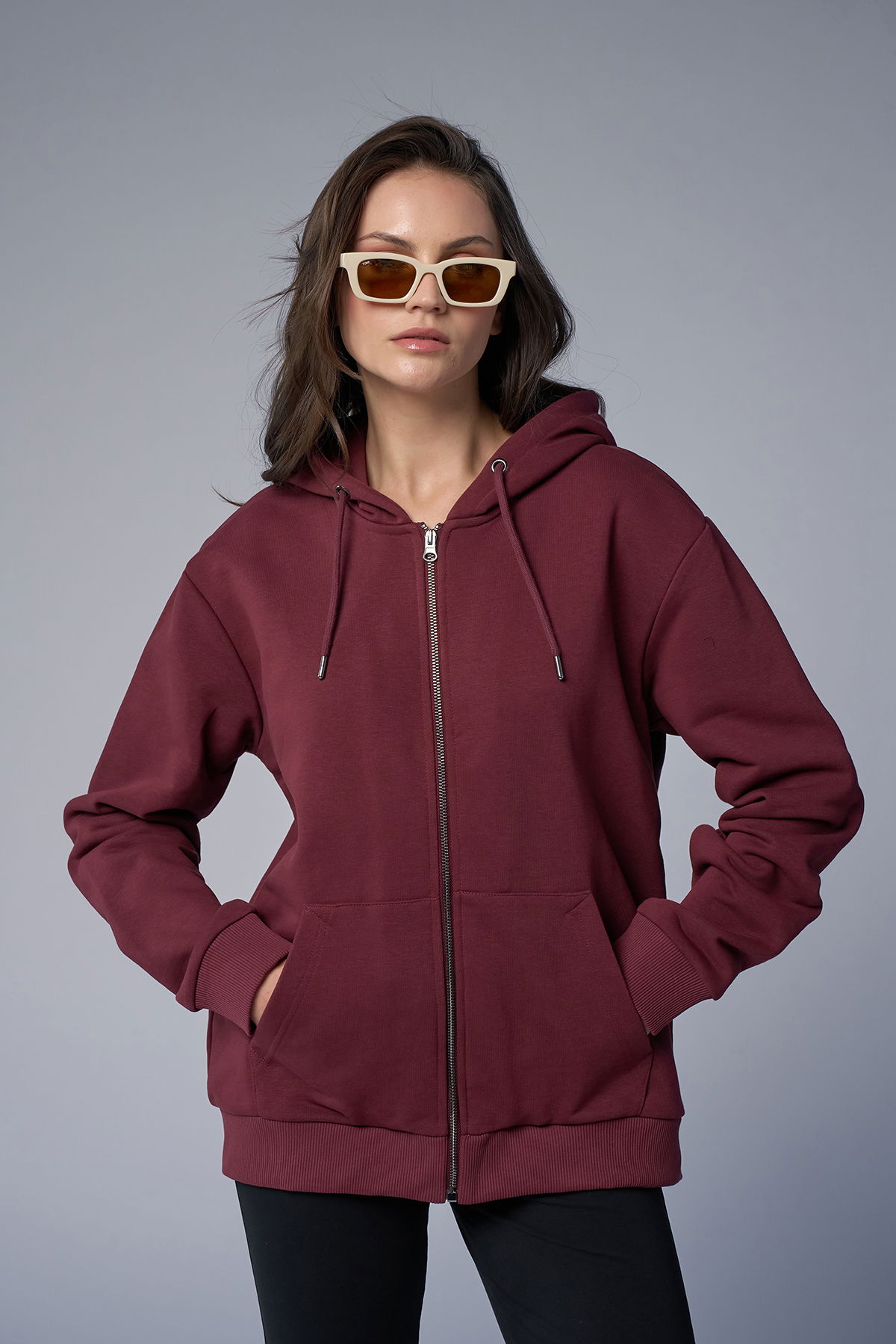 Peak Unisex Bordo Oversize Fermuarlı Kapüşonlu Eşofman Üstü | 7016 - PEAK (1)