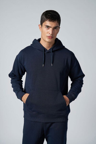 Peak Erkek Lacivert Pamuklu Kanguru Cepli Kapüşonlu Sweatshirt | 7017 