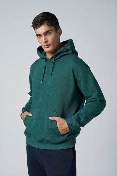 Peak Erkek Yeşil Pamuklu Kanguru Cepli Kapüşonlu Sweatshirt | 7017 