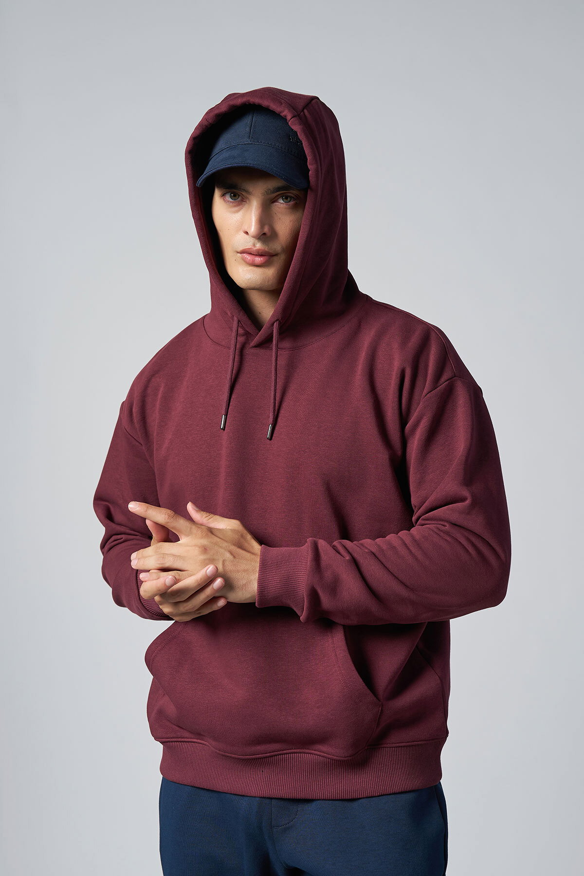 Peak Erkek Bordo Pamuklu Oversize Kanguru Cepli Kapüşonlu Sweatshirt | 7017 - PEAK