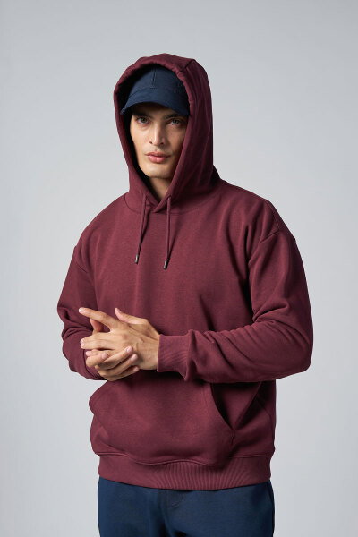 Peak Erkek Bordo Pamuklu Oversize Kanguru Cepli Kapüşonlu Sweatshirt | 7017 