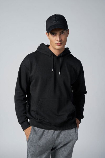 Peak Erkek Siyah Pamuklu Kanguru Cepli Kapüşonlu Sweatshirt | 7017 