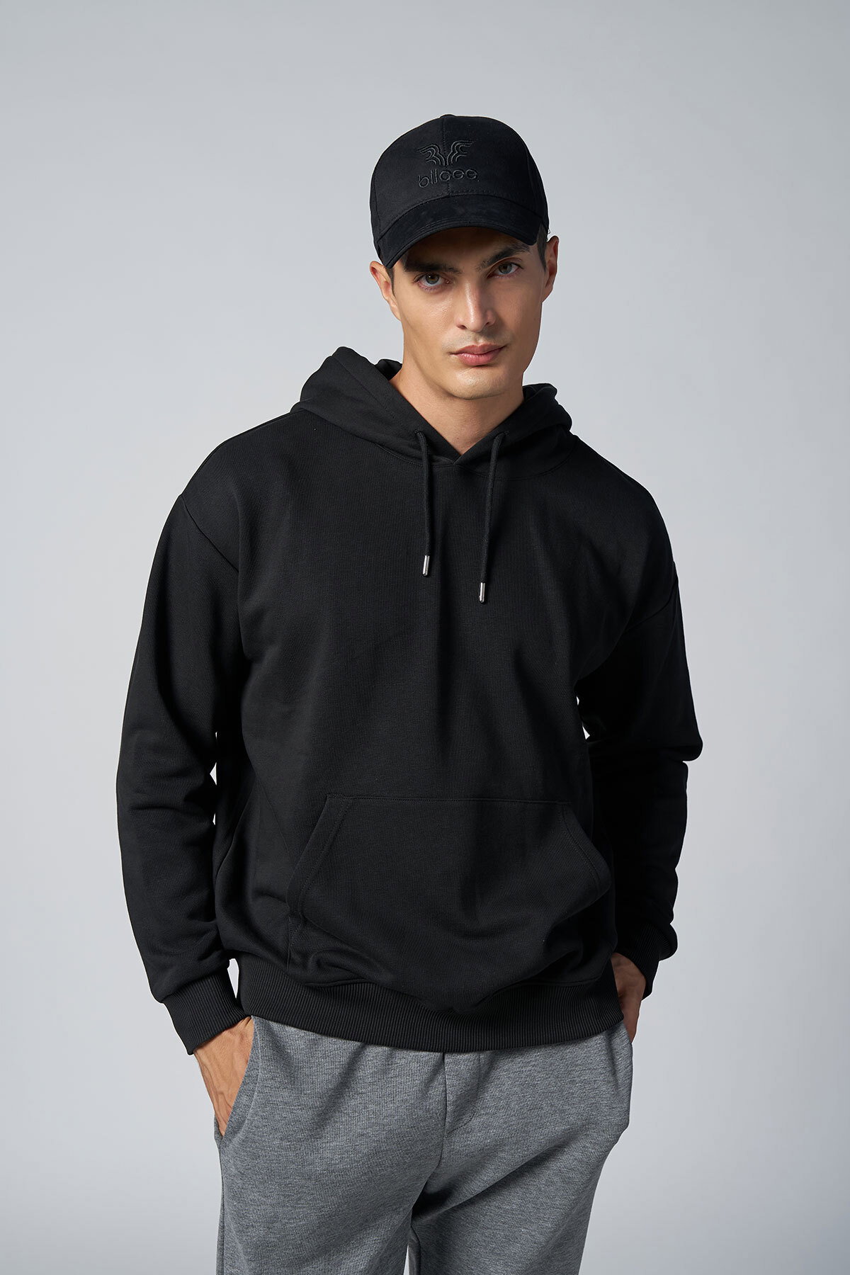 Peak Erkek Siyah Pamuklu Kanguru Cepli Kapüşonlu Sweatshirt | 7017 - PEAK (1)