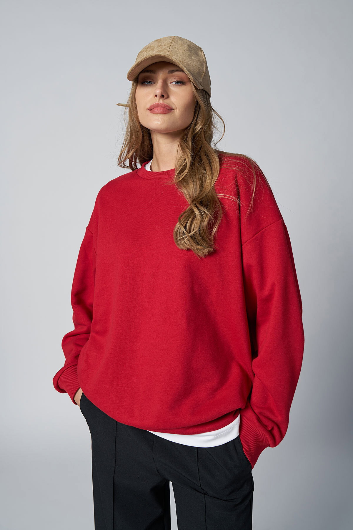 Peak Kadın Kırmızı Oversize Bisiklet Yaka Basic Sweatshirt | 7015 - PEAK