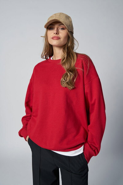 Peak Kadın Kırmızı Oversize Bisiklet Yaka Basic Sweatshirt | 7015 