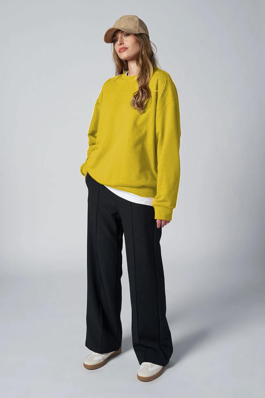 Peak Kadın Sarı Oversize Bisiklet Yaka Basic Sweatshirt | 7015 - PEAK (1)