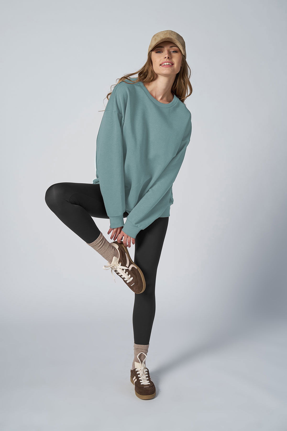 Peak Kadın Mavi Oversize Bisiklet Yaka Basic Sweatshirt | 7015 - PEAK