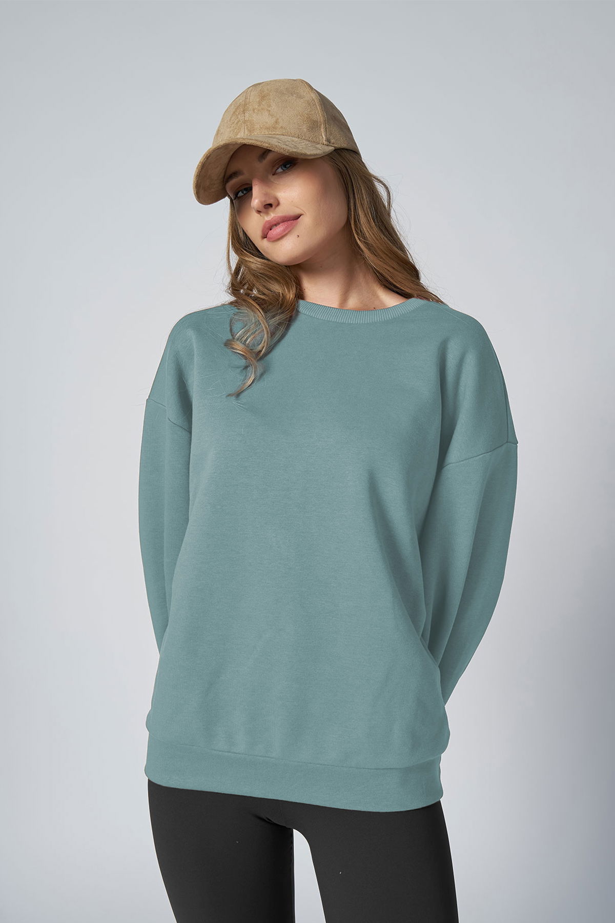 Peak Kadın Mavi Oversize Bisiklet Yaka Basic Sweatshirt | 7015 - PEAK (1)
