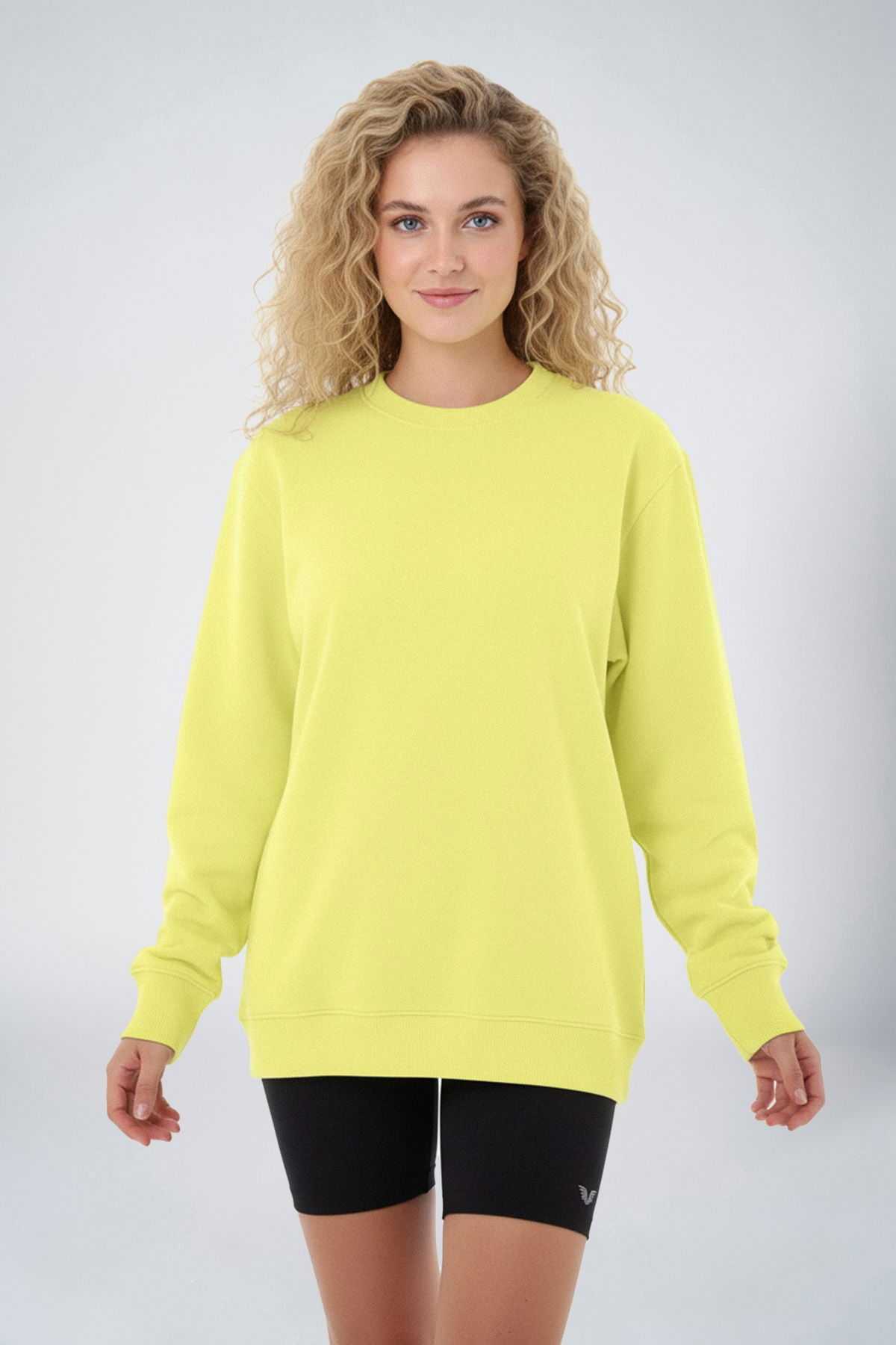 Peak Kadın Toz Sarı Oversize Bisiklet Yaka Basic Sweatshirt | 7015 - PEAK (1)