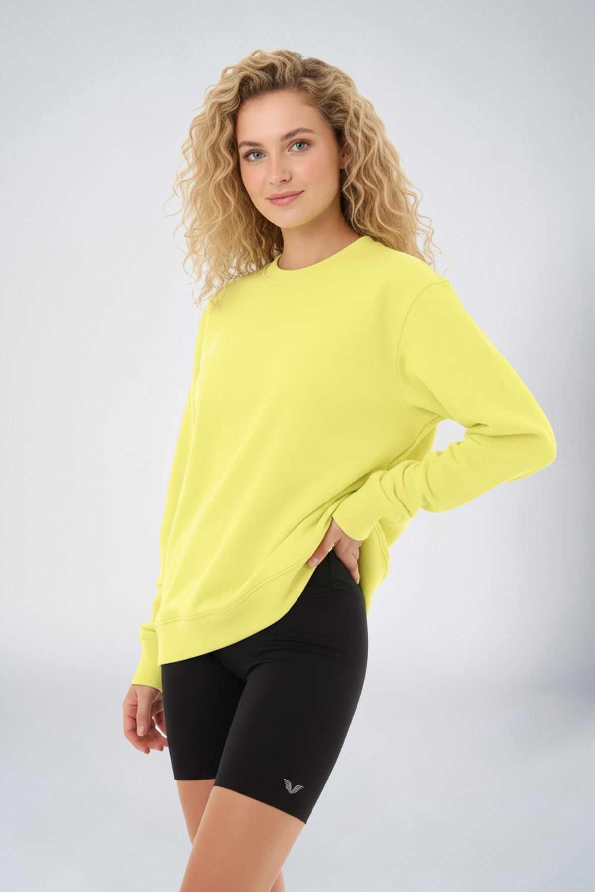 Peak Kadın Toz Sarı Oversize Bisiklet Yaka Basic Sweatshirt | 7015 - PEAK