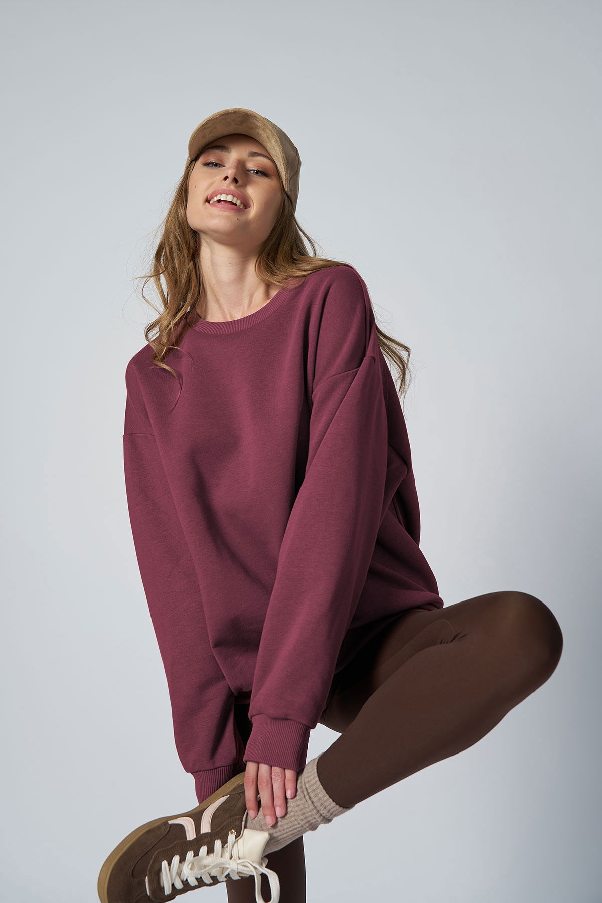 Peak Kadın Plum Oversize Bisiklet Yaka Basic Sweatshirt | 7015 - PEAK (1)