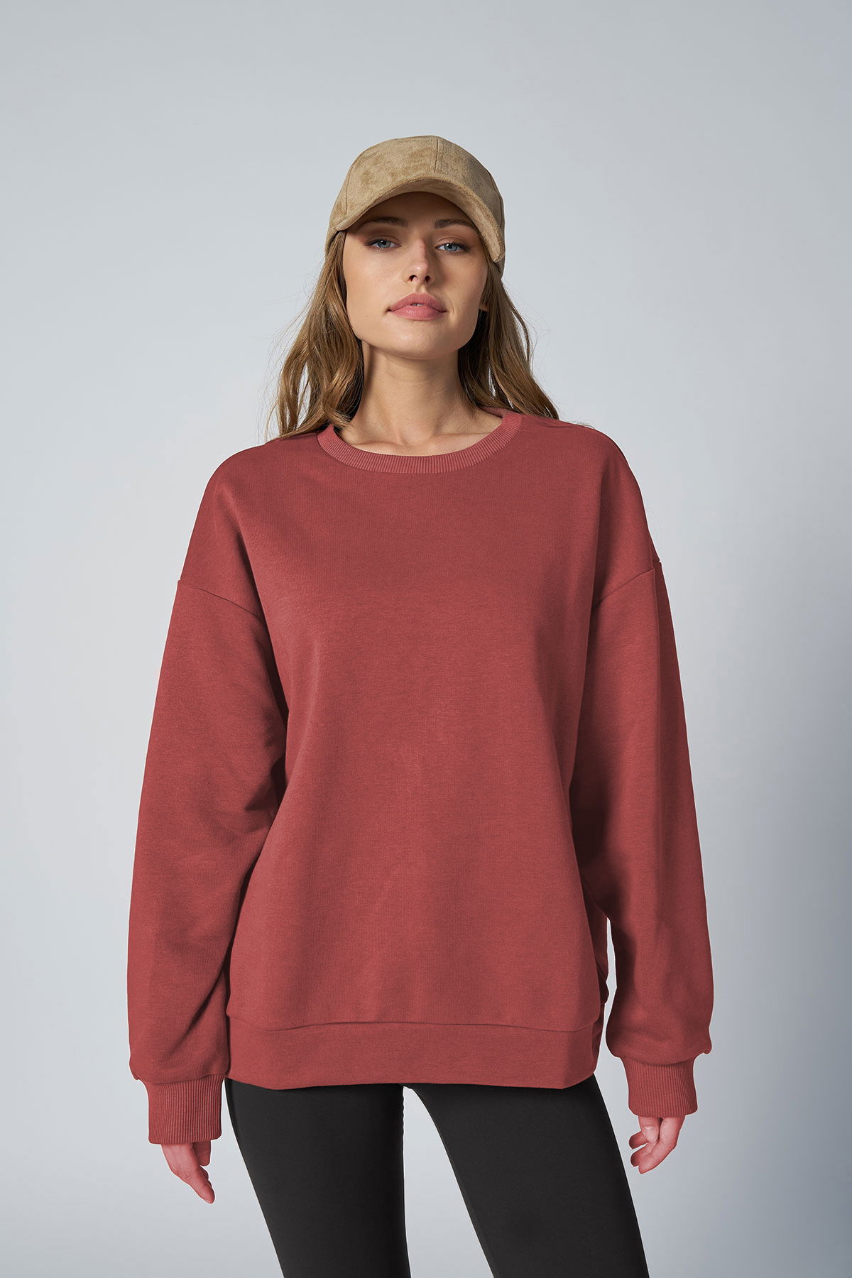 Peak Kadın Rouge Oversize Bisiklet Yaka Basic Sweatshirt | 7015 - PEAK
