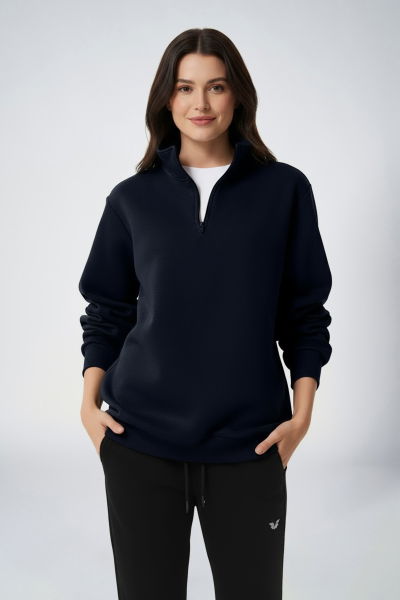 Peak Kadın Lacivert Oversize Fermuarlı Yaka Sweatshirt | 7012 