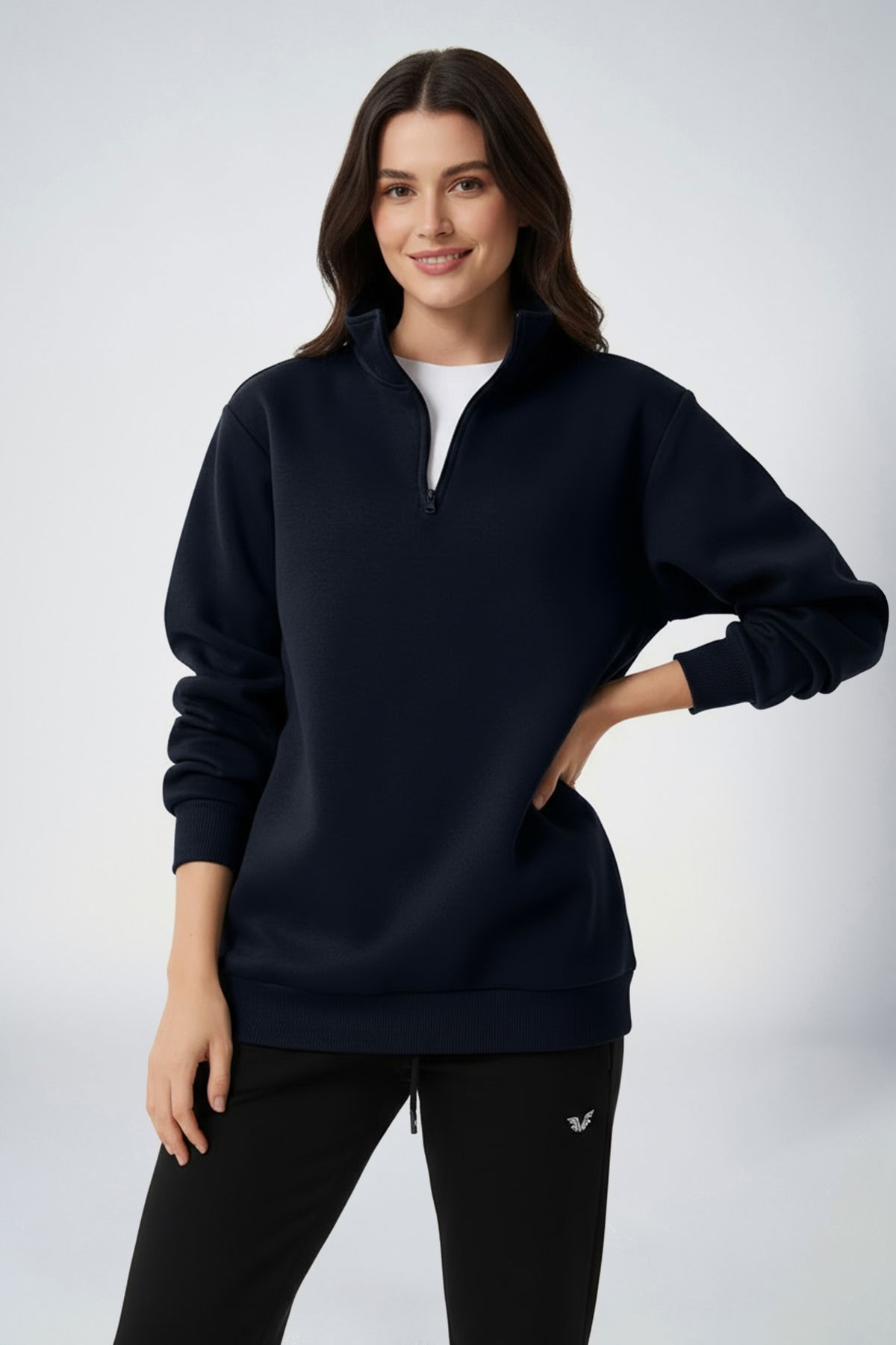 Peak Kadın Lacivert Oversize Fermuarlı Yaka Sweatshirt | 7012 - PEAK (1)
