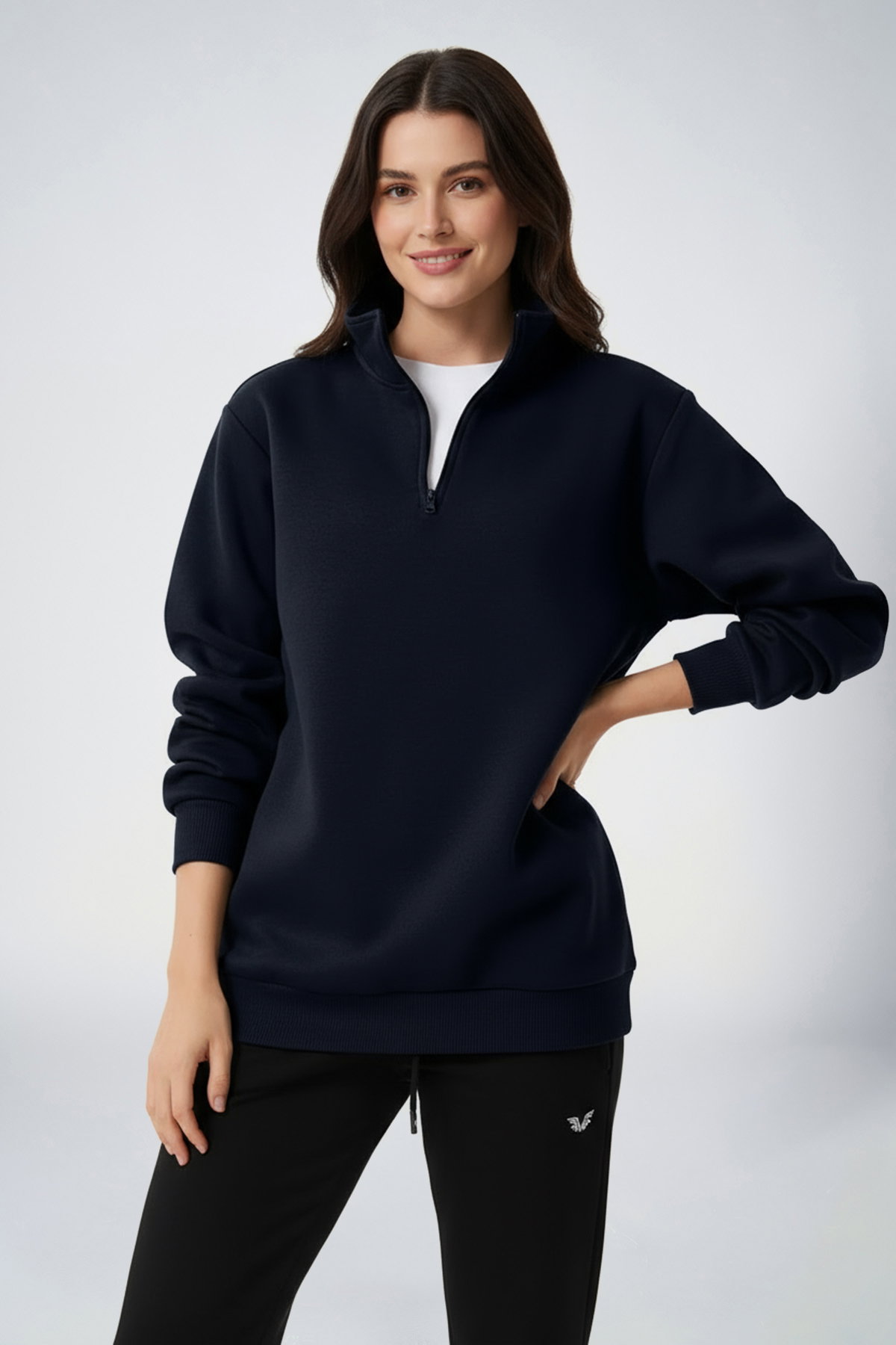 Peak Kadın Lacivert Oversize Fermuarlı Yaka Sweatshirt | 7012 - PEAK (1)