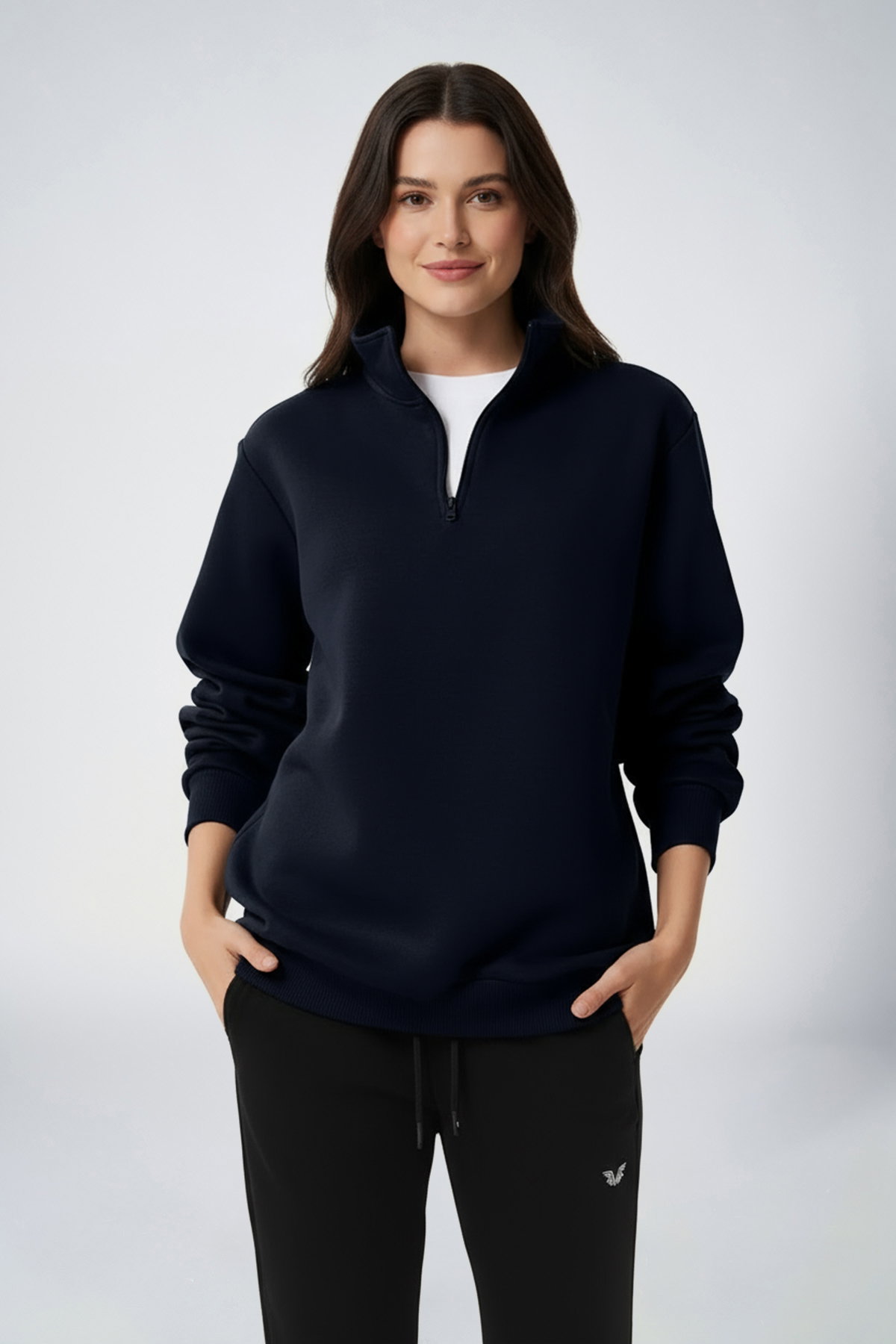 Peak Kadın Lacivert Oversize Fermuarlı Yaka Sweatshirt | 7012 - PEAK