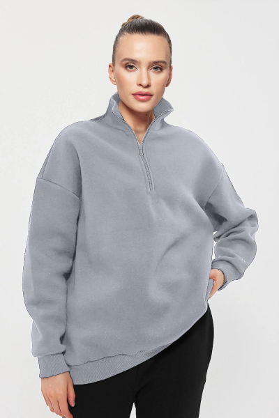 Peak Unisex Gri Oversize Fermuarlı Yaka Sweatshirt 7012 