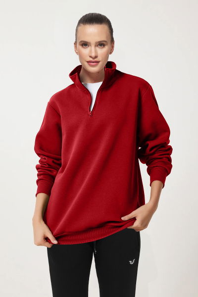 Peak Kadın Kırmızı Oversize Fermuarlı Yaka Sweatshirt 7012 