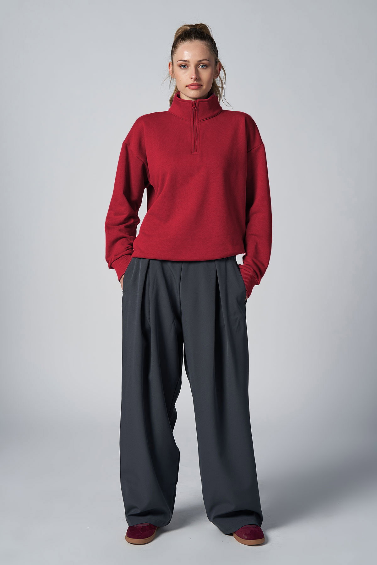 Peak Kadın Kırmızı Oversize Fermuarlı Yaka Sweatshirt | 7012 - PEAK (1)