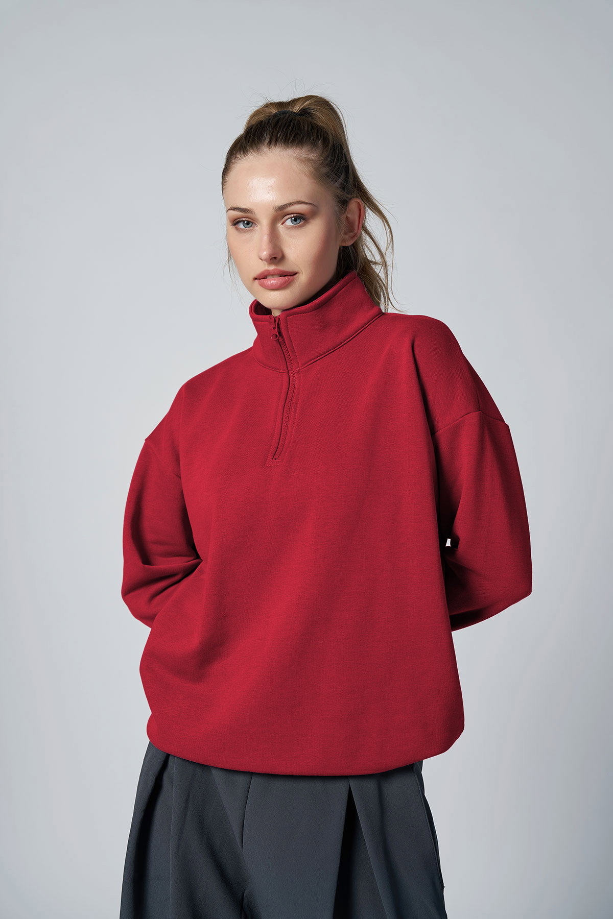 Peak Kadın Kırmızı Oversize Fermuarlı Yaka Sweatshirt | 7012 - PEAK