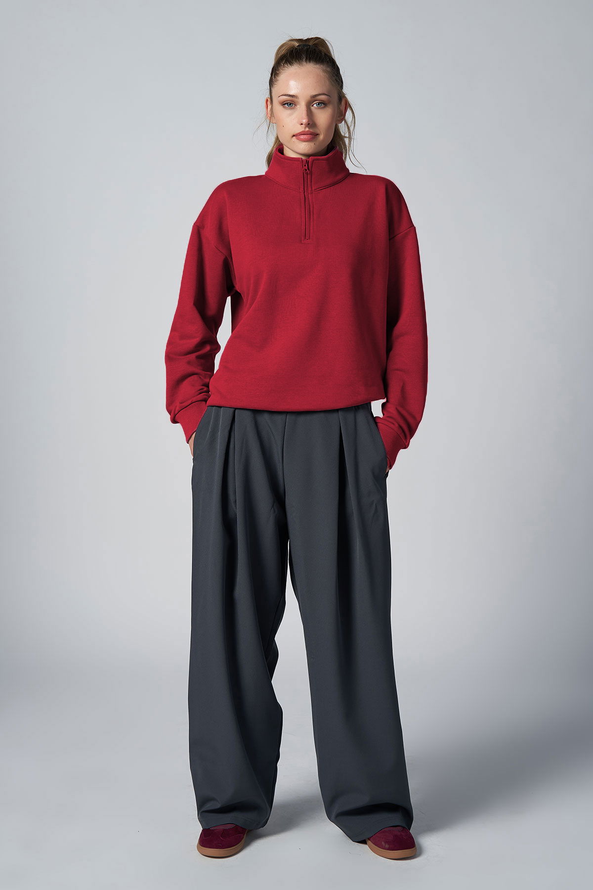 Peak Kadın Kırmızı Oversize Fermuarlı Yaka Sweatshirt | 7012 - PEAK (1)