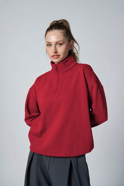 Peak Kadın Kırmızı Oversize Fermuarlı Yaka Sweatshirt | 7012 