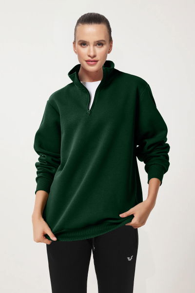 Peak Kadın Yeşil Oversize Fermuarlı Yaka Sweatshirt | 7012 