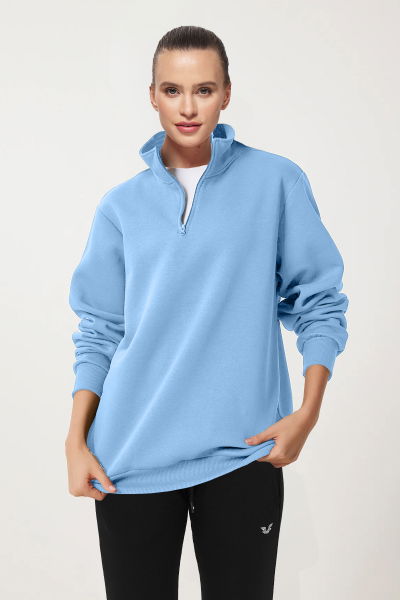 Peak Kadın Mavi Oversize Fermuarlı Yaka Sweatshirt 7012 