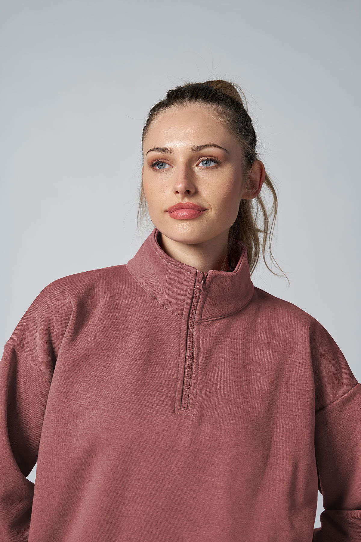 Peak Kadın Pudra Oversize Fermuarlı Yaka Sweatshirt | 7012 - PEAK