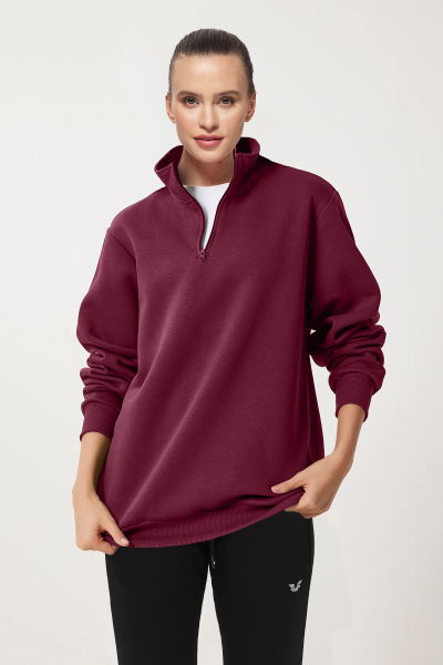 Peak Kadın Bordo Oversize Fermuarlı Yaka Sweatshirt | 7012 