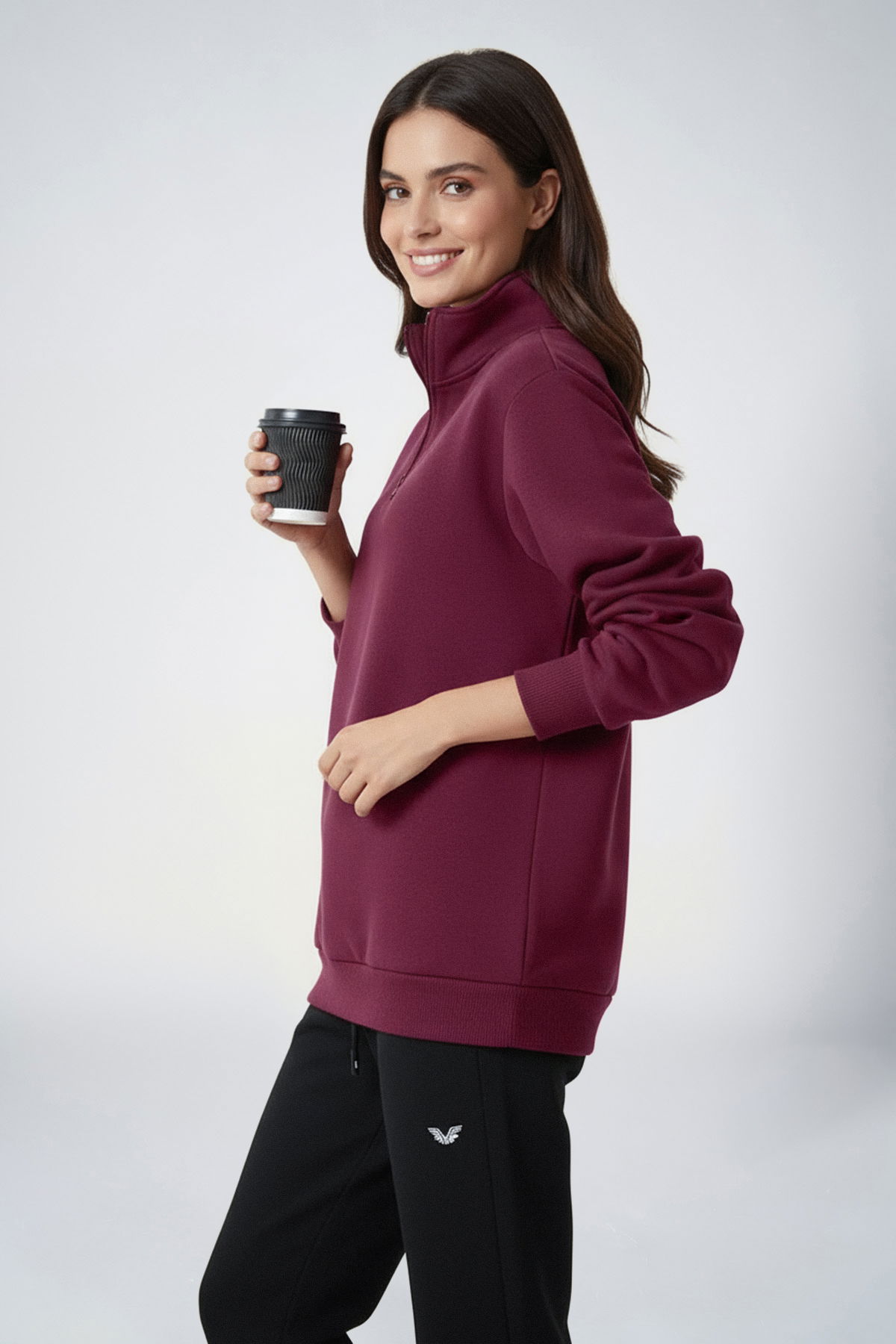 Peak Kadın Bordo Oversize Fermuarlı Yaka Sweatshirt | 7012 - PEAK (1)
