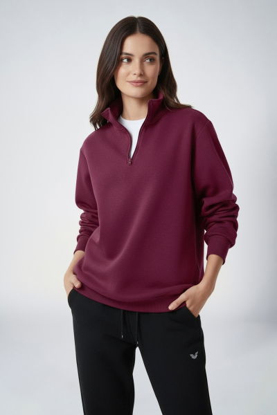 Peak Kadın Bordo Oversize Fermuarlı Yaka Sweatshirt | 7012 