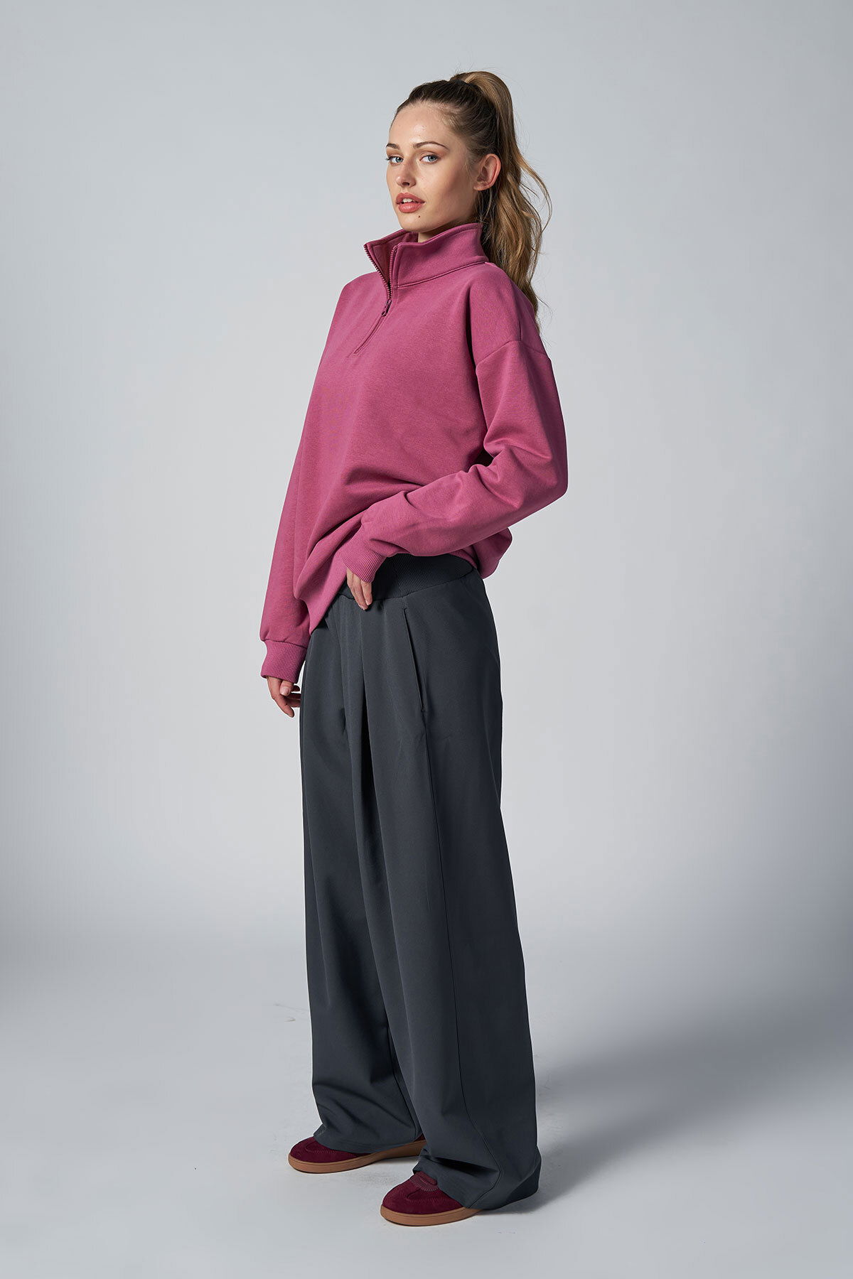 Peak Kadın Plum Oversize Fermuarlı Yaka Sweatshirt | 7012 - PEAK (1)