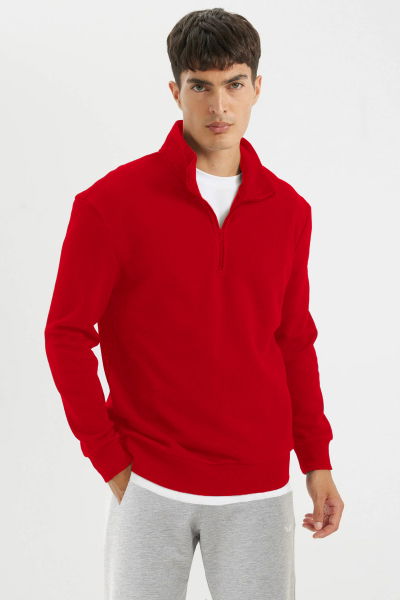 Peak Unisex Kırmızı Oversize Şardonlu Fermuarlı Yaka Sweatshirt 7013 