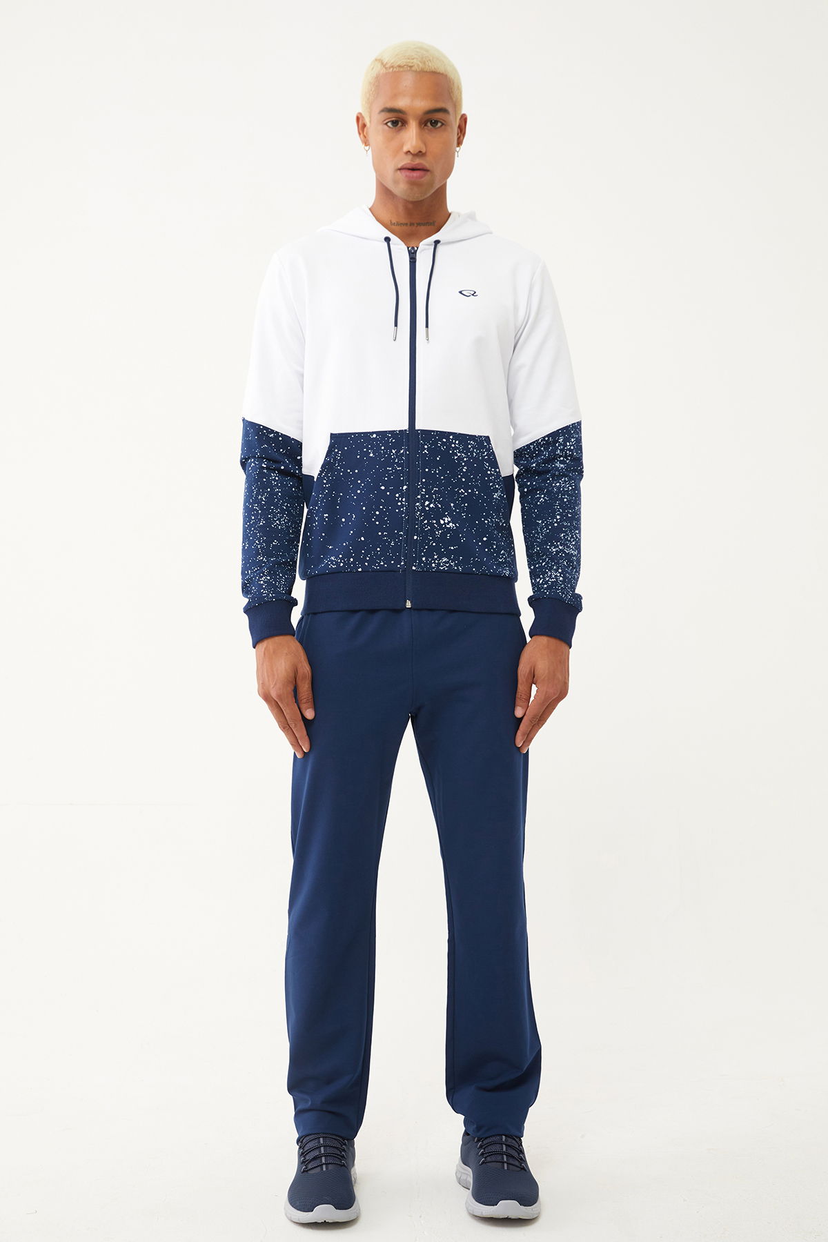 Quicktime Erkek Lacivert Beyaz Kapüşonlu Eşofman Takımı | 7007 - QUICKTIME